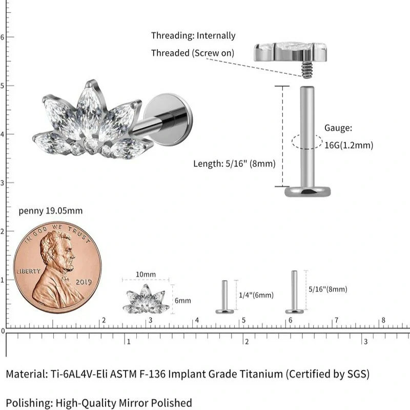 6mm 8mm ASTM F136 Titanium 16G Flatback Stud for Tragus Helix Conch