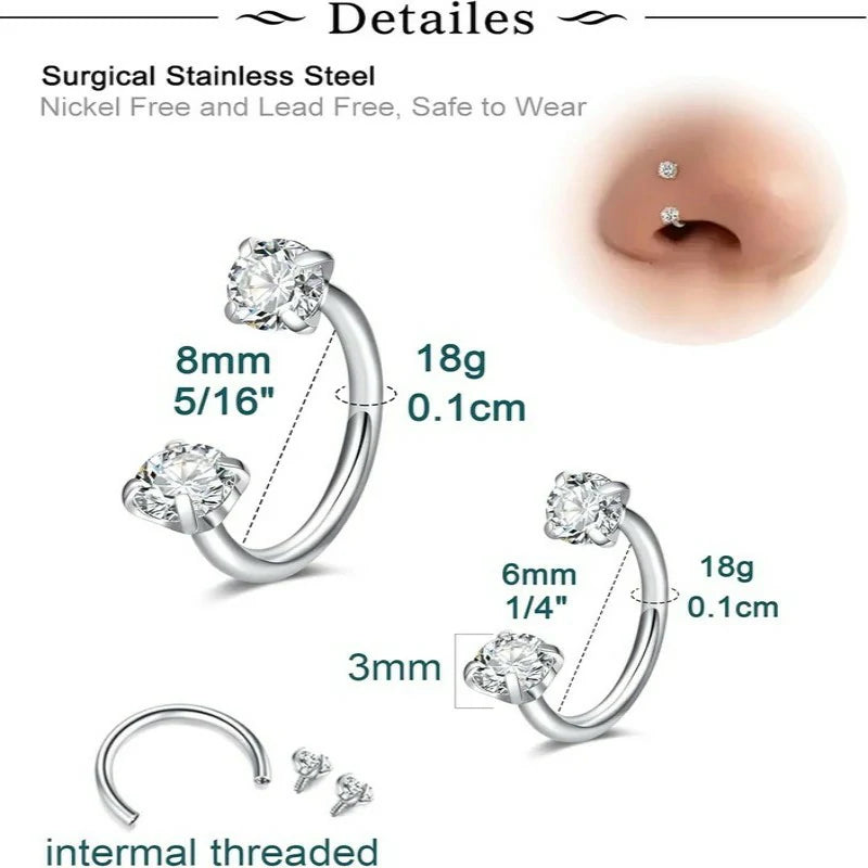 6mm 8mm 18g Horseshoe Double Gem Horse Shoe Nose Ring Hoop Surgical Steel Silver Cartilage Helix Tragus
