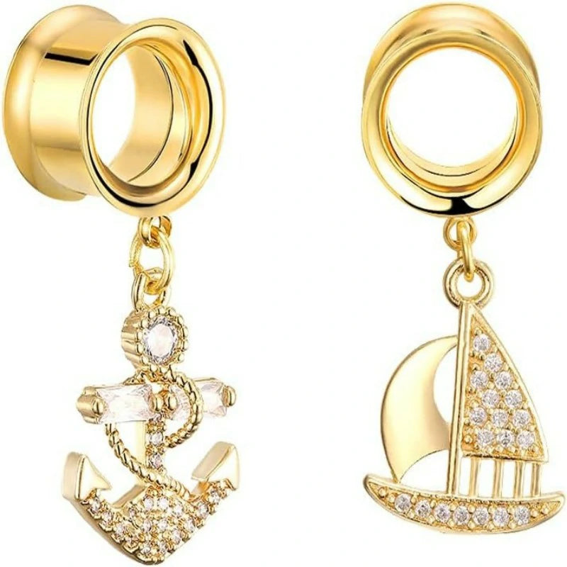 6PCS Gold Crystal Large Dangle Ear Gauges Tunnels Plug Set