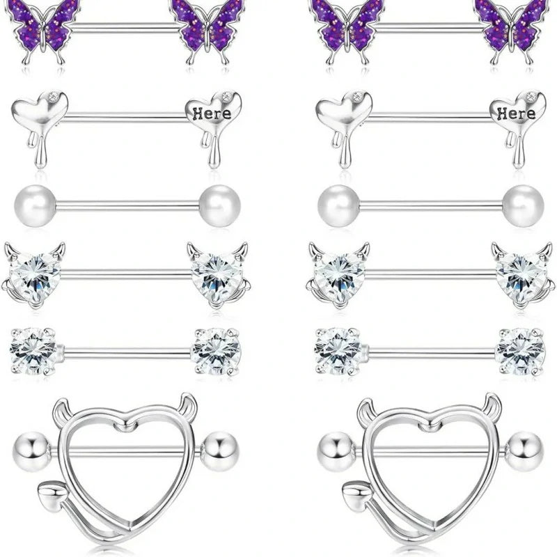 8 Pairs 14G Stainless Steel CZ Striaght Barbell Tongue Ring Nipple ring Set Butterfly Devil Heart