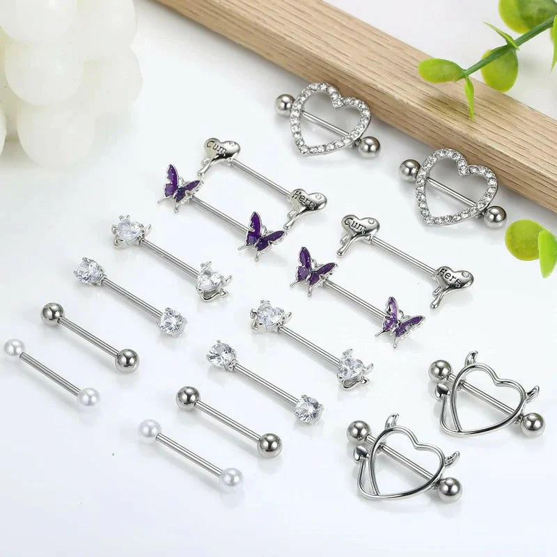 8 Pairs 14G Stainless Steel CZ Striaght Barbell Tongue Ring Nipple ring Set Butterfly Devil Heart