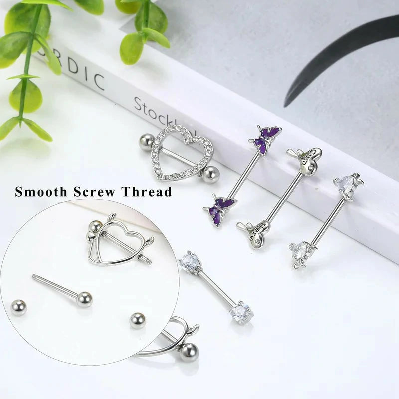 8 Pairs 14G Stainless Steel CZ Striaght Barbell Tongue Ring Nipple ring Set Butterfly Devil Heart
