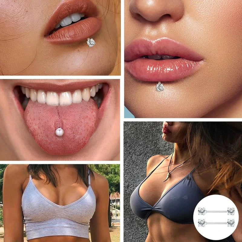 8 Pairs 14G Stainless Steel CZ Striaght Barbell Tongue Ring Nipple ring Set Butterfly Devil Heart