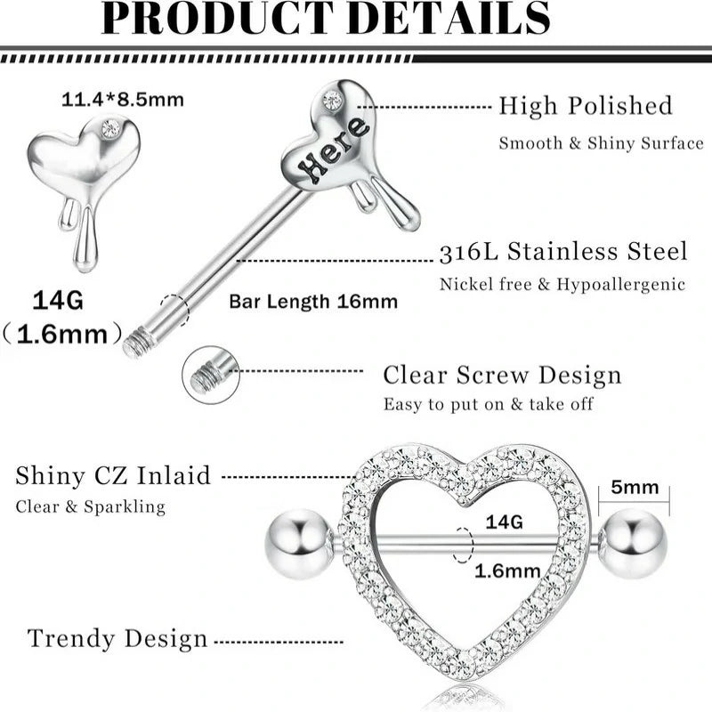 8 Pairs 14G Stainless Steel CZ Striaght Barbell Tongue Ring Nipple ring Set Butterfly Devil Heart