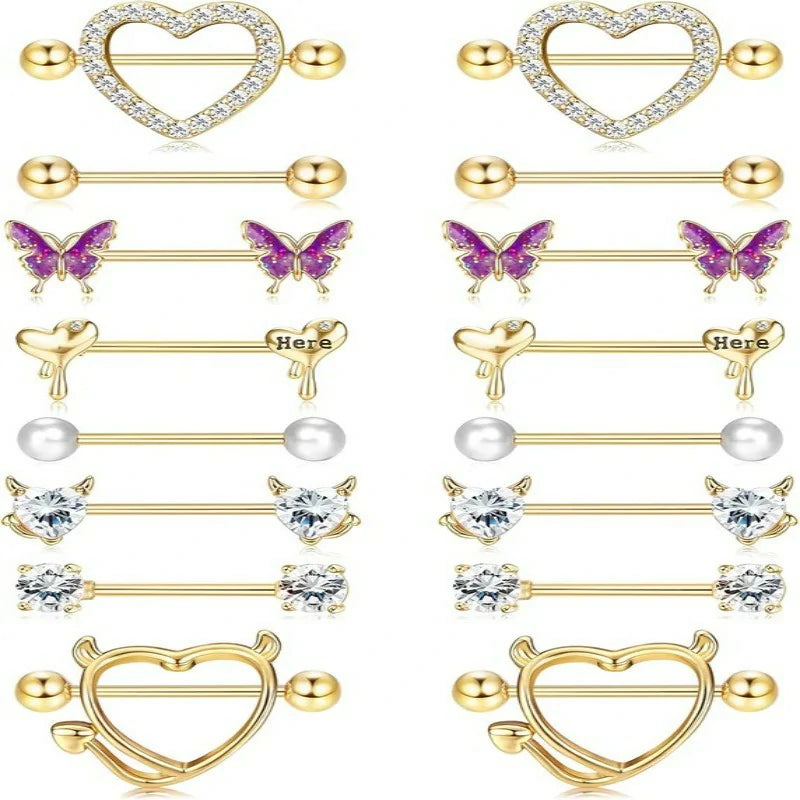 8 Pairs 14G Stainless Steel CZ Striaght Barbell Tongue Ring Nipple ring Set Butterfly Devil Heart