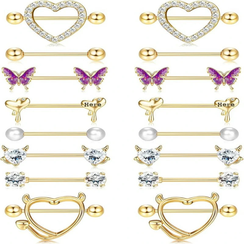 8 Pairs 14G Stainless Steel CZ Striaght Barbell Tongue Ring Nipple ring Set Butterfly Devil Heart