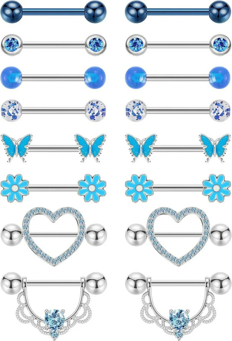 8 Pairs 14G Surgical Steel Nipple Rings Heart Butterfly Flower CZ Barbell Piercing Jewelry