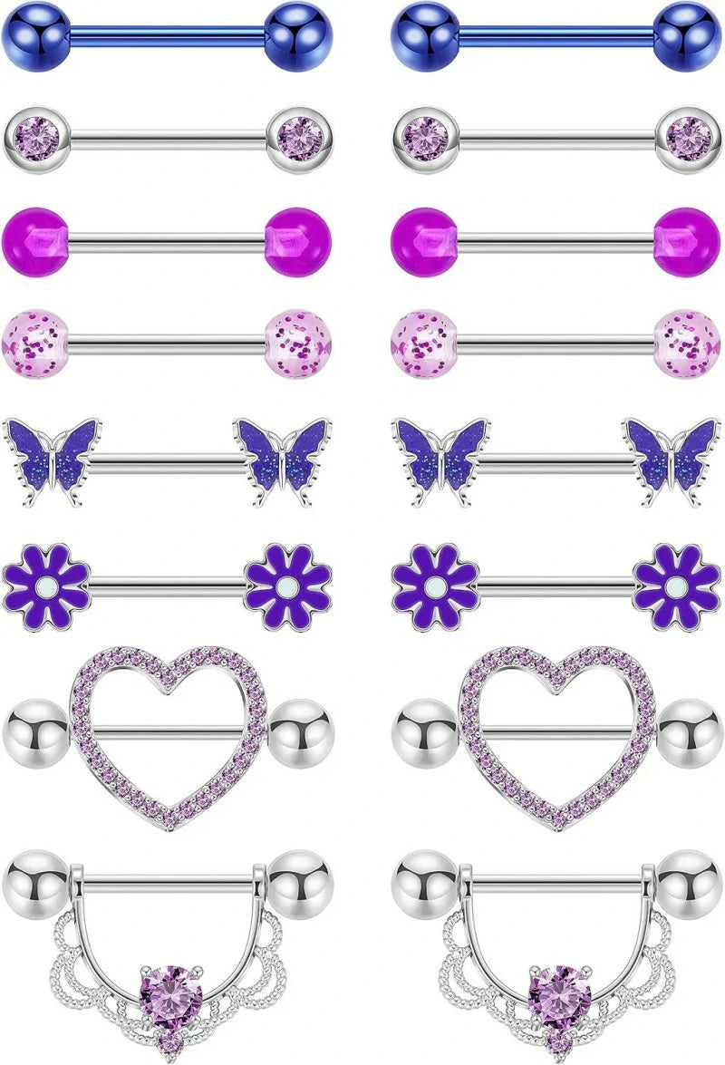 8 Pairs 14G Surgical Steel Nipple Rings Heart Butterfly Flower CZ Barbell Piercing Jewelry