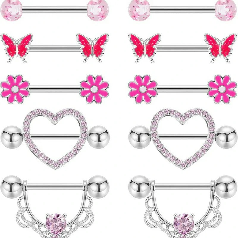 8 Pairs 14G Surgical Steel Nipple Rings Heart Butterfly Flower CZ Barbell Piercing Jewelry