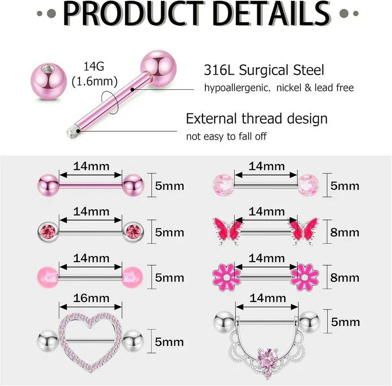 8 Pairs 14G Surgical Steel Nipple Rings Heart Butterfly Flower CZ Barbell Piercing Jewelry