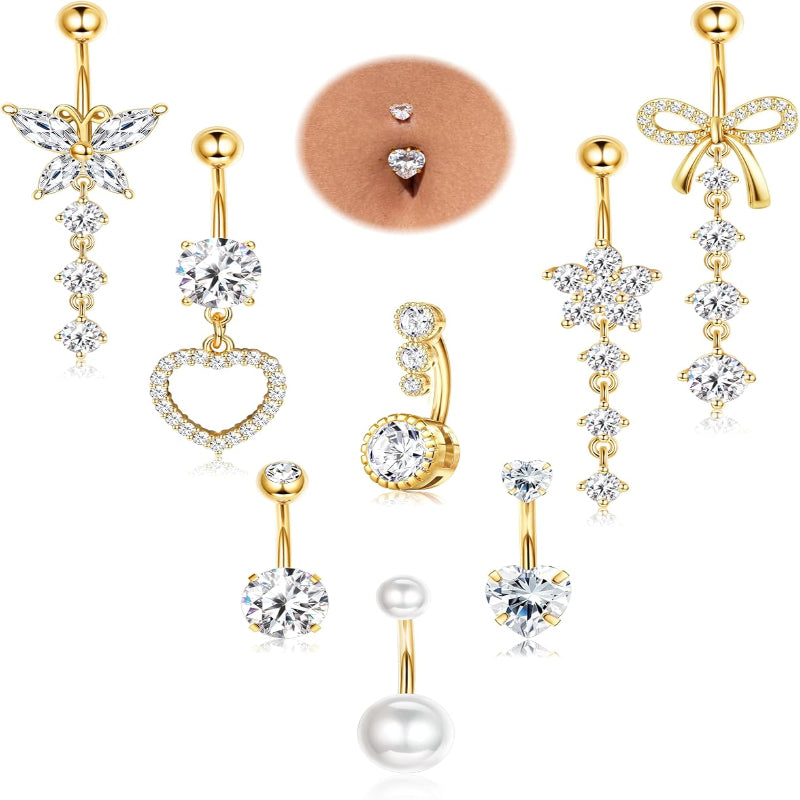 8 Pcs Belly Button Ring Dangle Hypoallergenic Surgical Stainless Steel Belly Rings for Women CZ Pearl Heart Butterfly Bow Flower Navel Piercing Jewelry Dangly Curved Navel Ring - 我的商店我的商店我的商店