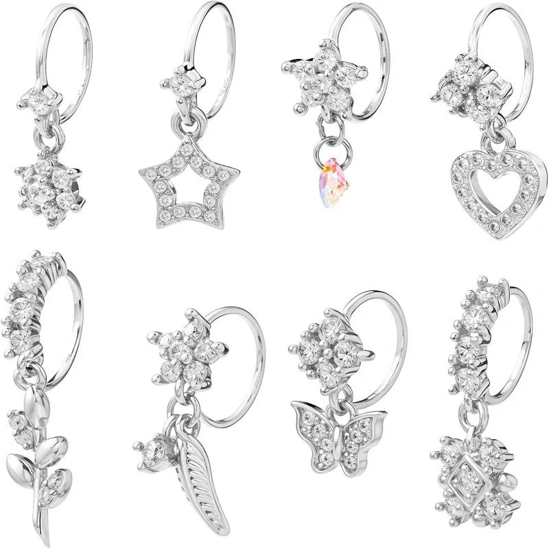 8 Pcs Dangle CZ Flower Leaf Star Butterfly Helix Lip Gold Hoop Nose Rings