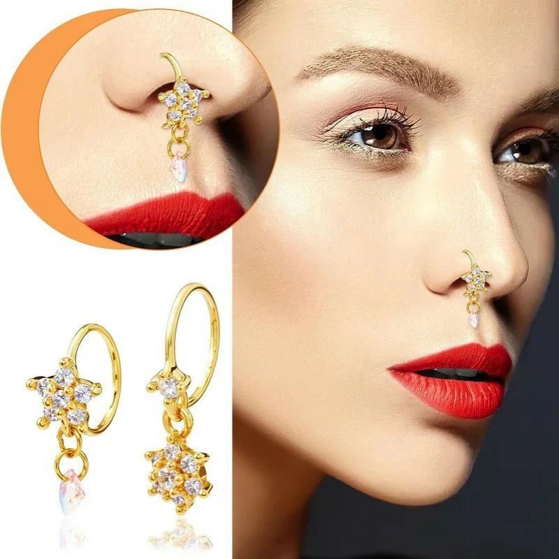 8 Pcs Dangle CZ Flower Leaf Star Butterfly Helix Lip Gold Hoop Nose Rings