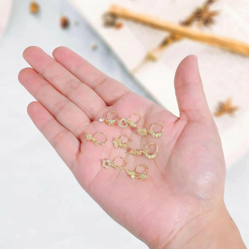 8 Pcs Dangle CZ Flower Leaf Star Butterfly Helix Lip Gold Hoop Nose Rings
