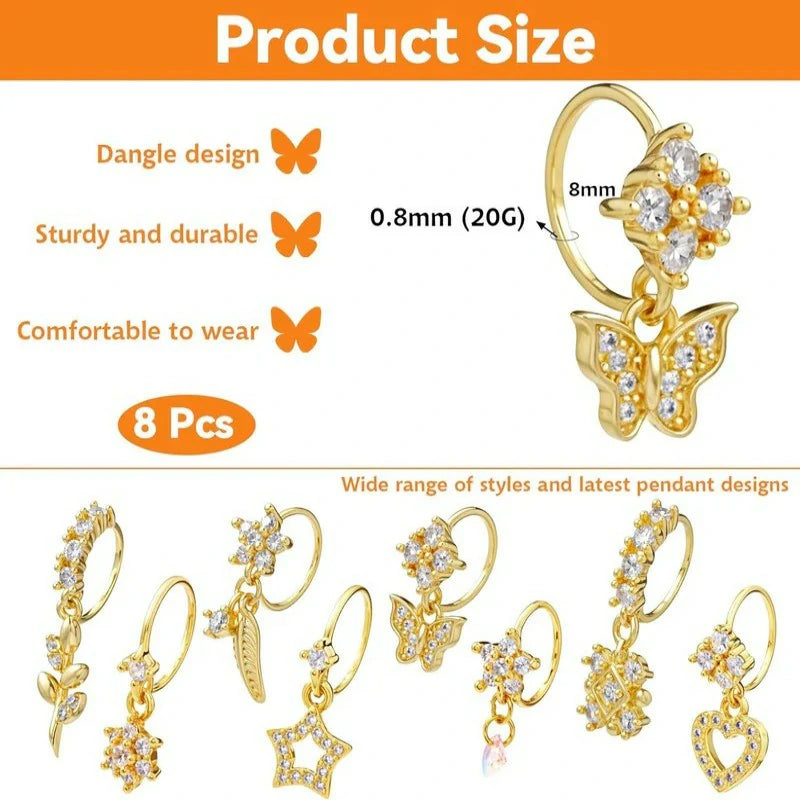 8 Pcs Dangle CZ Flower Leaf Star Butterfly Helix Lip Gold Hoop Nose Rings