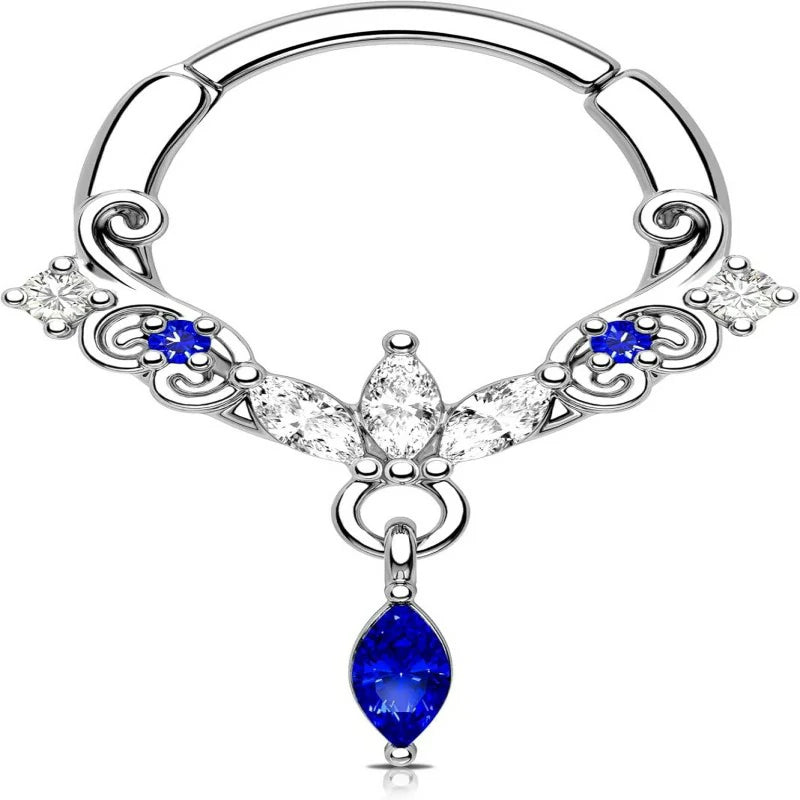 8/10 mm 16G Stainless Steel 316L Dangle Septum Ring Blue Clear CZ Cartilag Septum