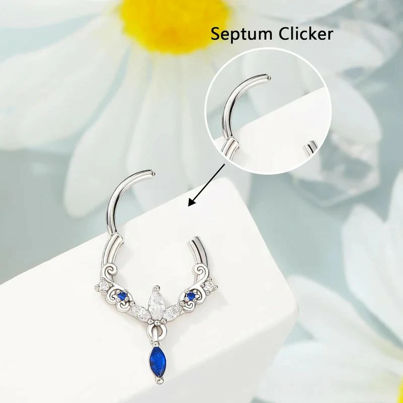 8/10 mm 16G Stainless Steel 316L Dangle Septum Ring Blue Clear CZ Cartilag Septum