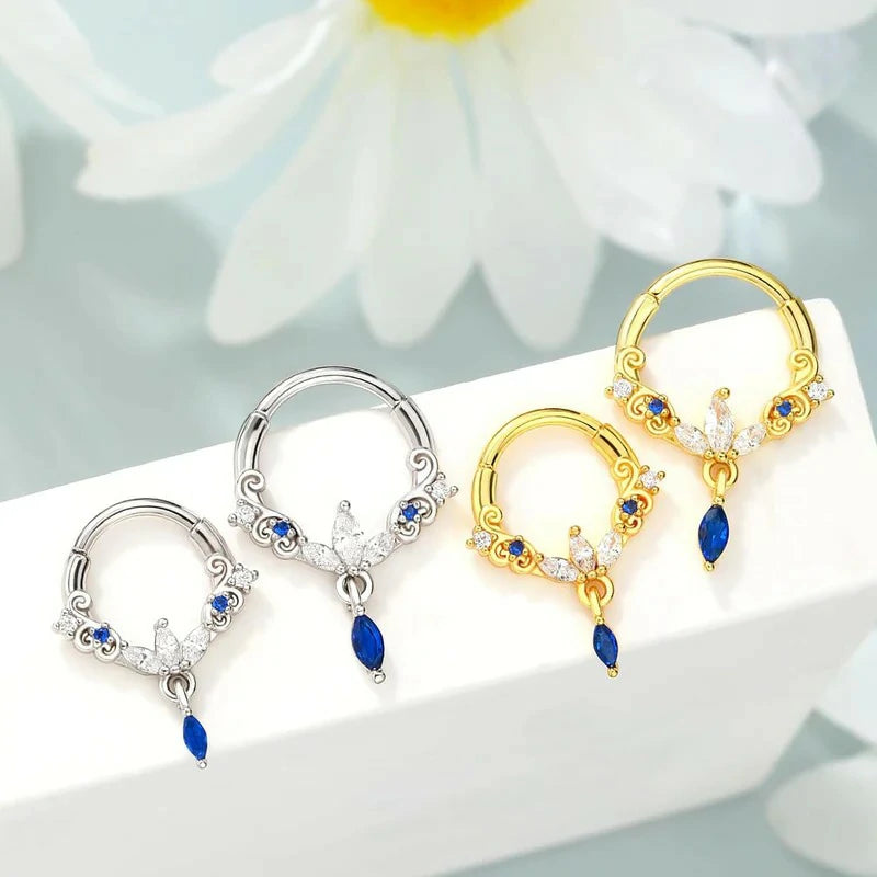 8/10 mm 16G Stainless Steel 316L Dangle Septum Ring Blue Clear CZ Cartilag Septum