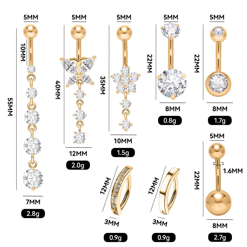 8 Pcs Cute CZ Heart Butterfly Bow Flower Navel 14G Silver Stainless Dangly Dangling Belly Button Piercing