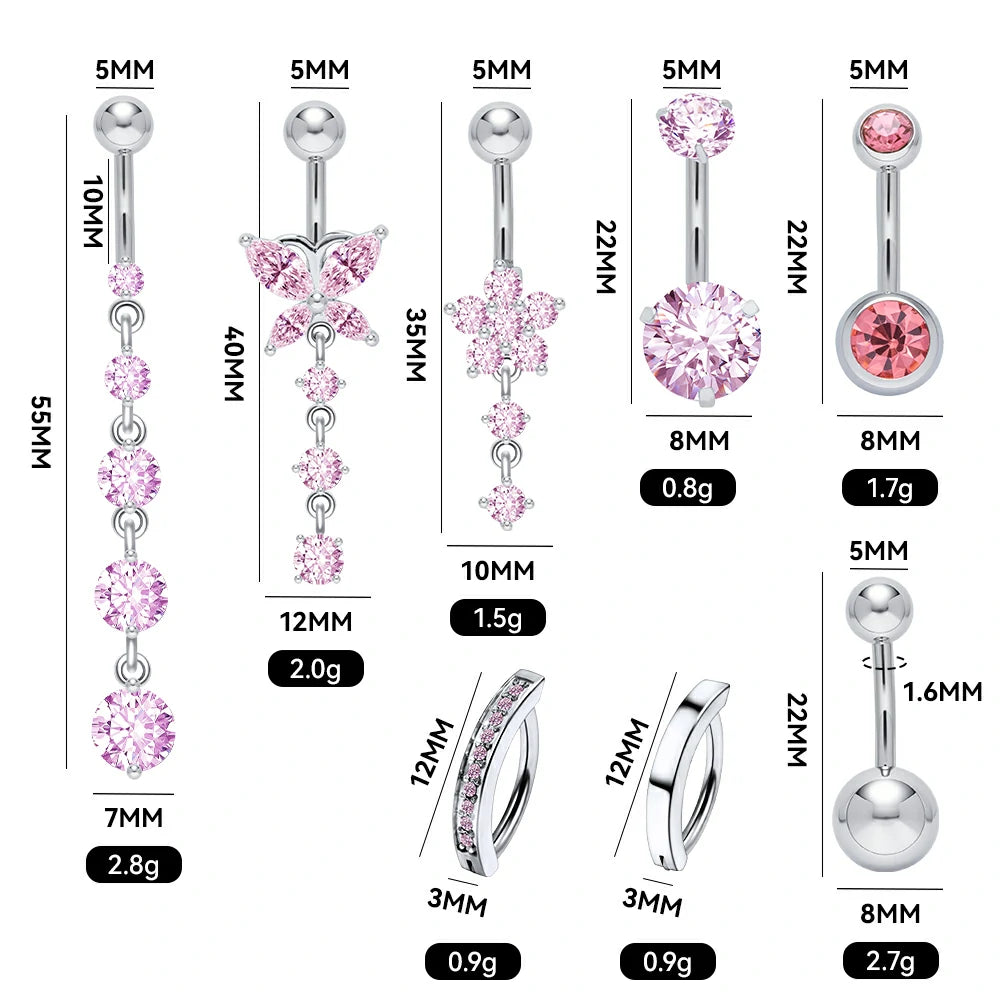 8 Pcs Cute CZ Heart Butterfly Bow Flower Navel 14G Silver Stainless Dangly Dangling Belly Button Piercing