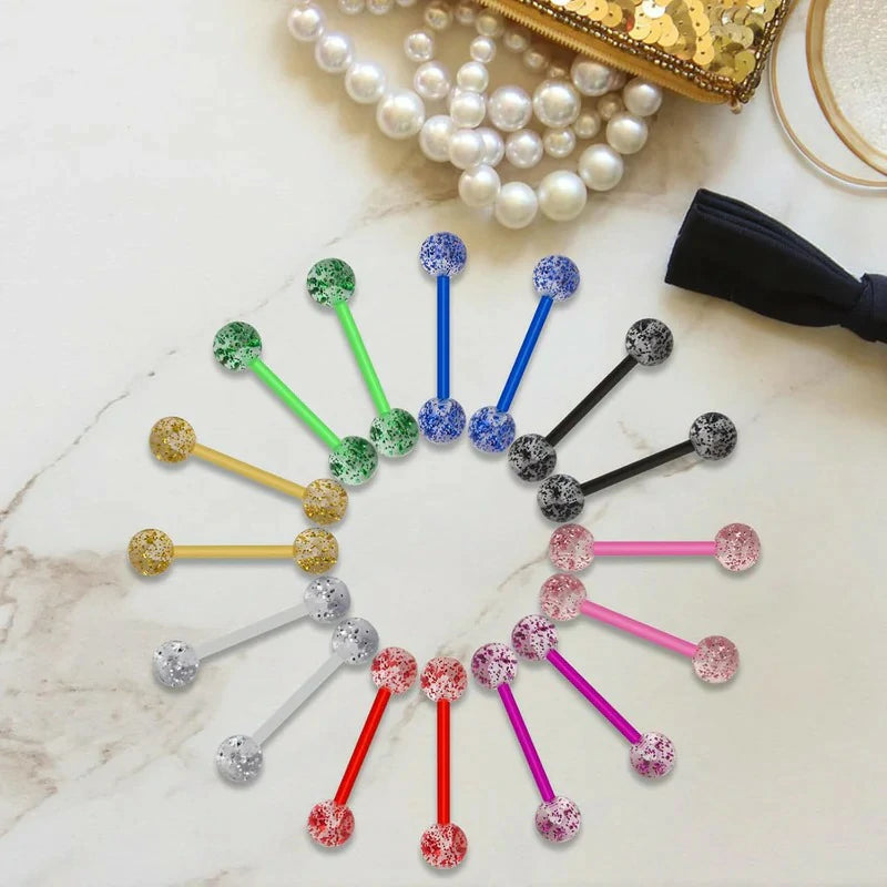8Pair Flexible Glitter Acrylic Tongue Ring Retainer or Nipple Ring 14G Bar Length 16mm