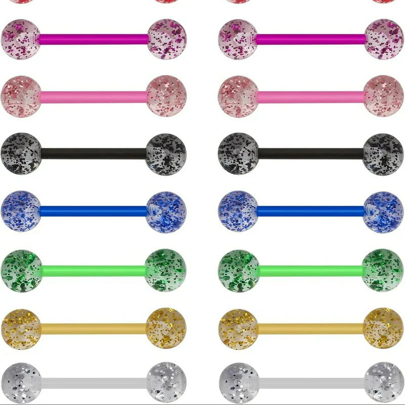 8Pair Flexible Glitter Acrylic Tongue Ring Retainer or Nipple Ring 14G Bar Length 16mm