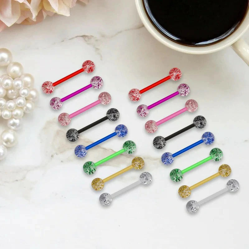 8Pair Flexible Glitter Acrylic Tongue Ring Retainer or Nipple Ring 14G Bar Length 16mm