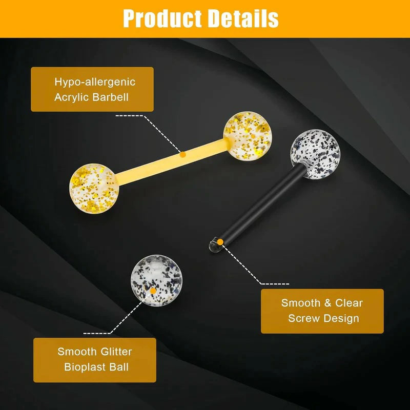 8Pair Flexible Glitter Acrylic Tongue Ring Retainer or Nipple Ring 14G Bar Length 16mm