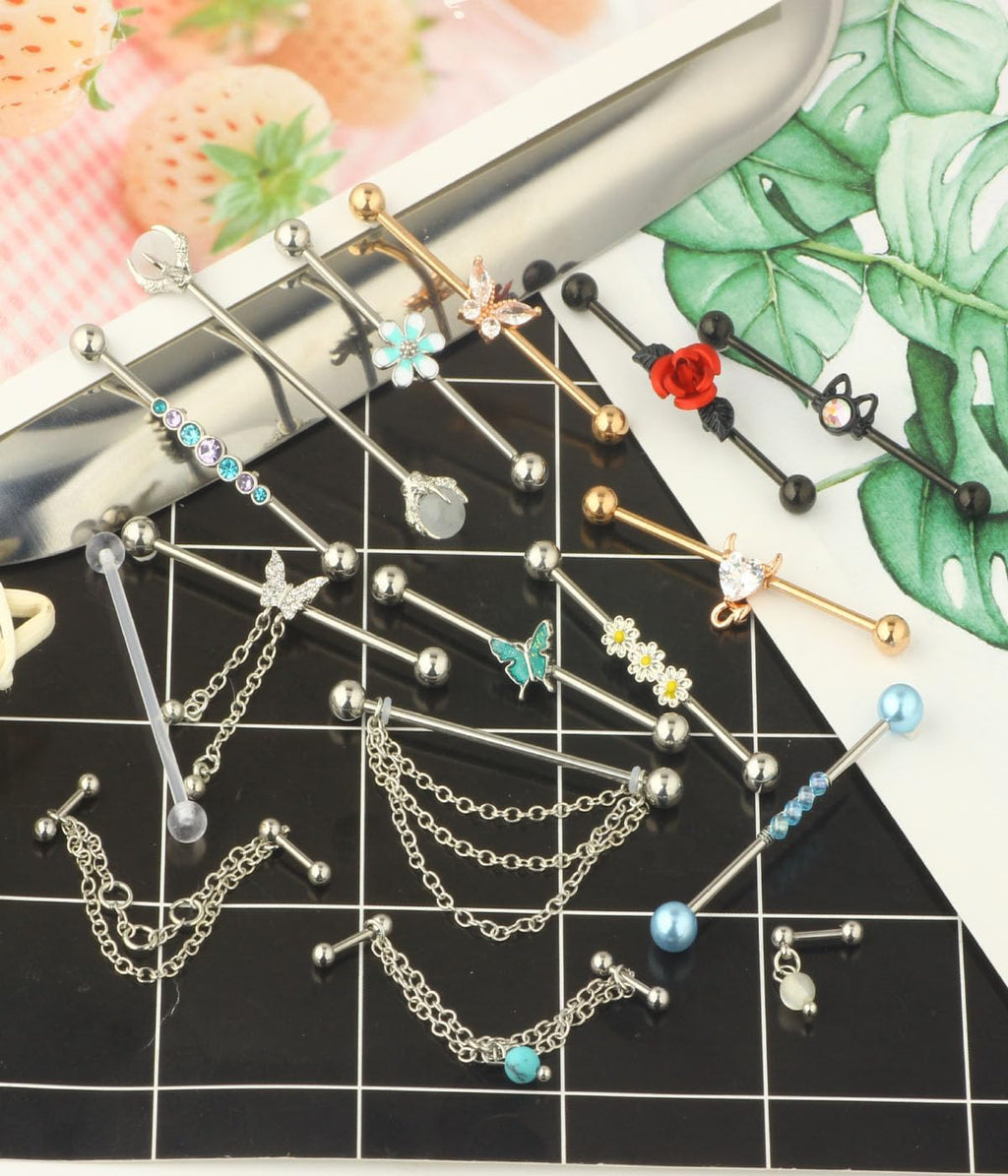 9 - 16pcs 14G Industrial Piercing Stainless Steel Industrial Earrings Barbell with Chain Dangle - QIAO CrystalQIAO CrystalQIAO Crystal
