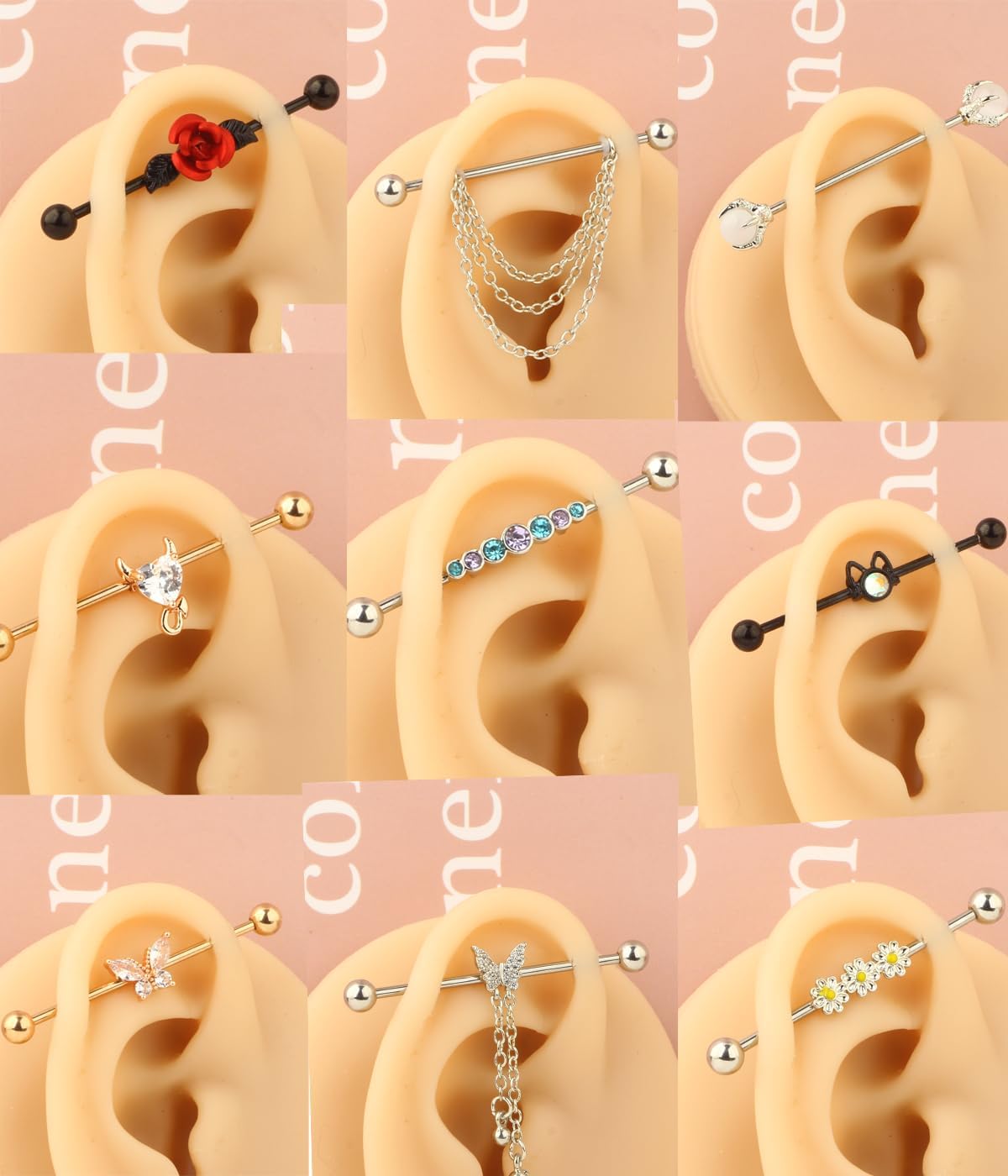 9 - 16pcs 14G Industrial Piercing Stainless Steel Industrial Earrings Barbell with Chain Dangle - QIAO CrystalQIAO CrystalQIAO Crystal