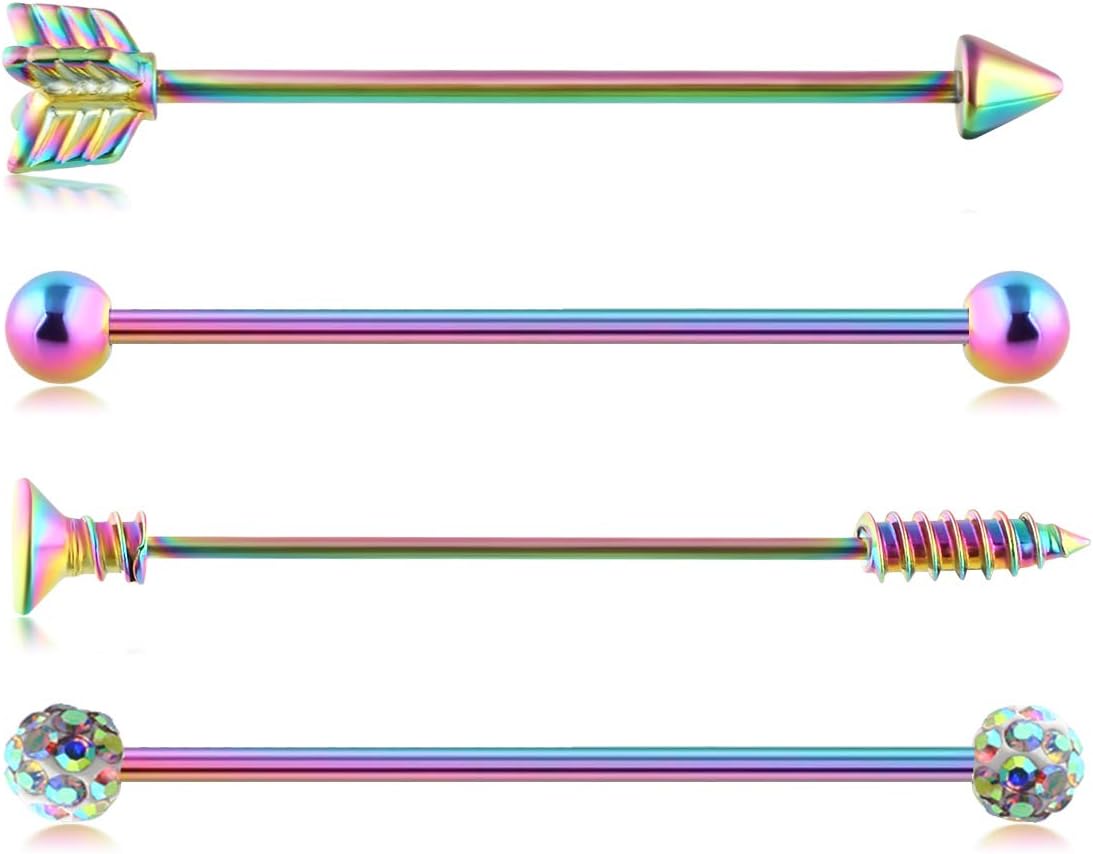 9 - 16pcs 14G Industrial Piercing Stainless Steel Industrial Earrings Barbell with Chain Dangle - QIAO CrystalQIAO CrystalQIAO Crystal