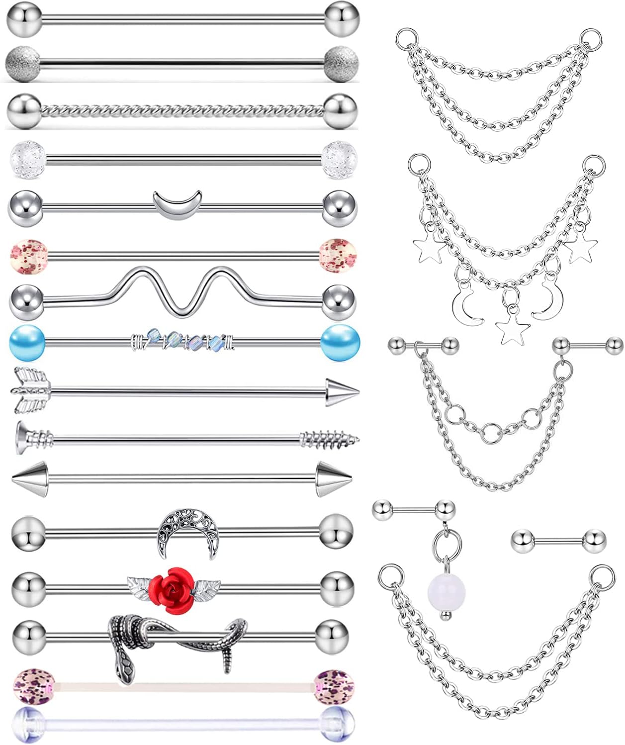 9 - 16pcs 14G Industrial Piercing Stainless Steel Industrial Earrings Barbell with Chain Dangle - QIAO CrystalQIAO CrystalQIAO Crystal