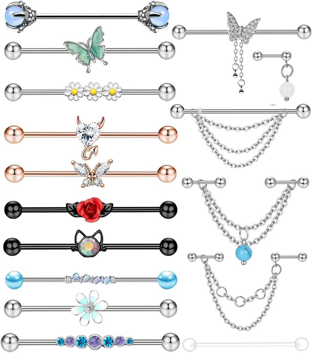 9 - 16pcs 14G Industrial Piercing Stainless Steel Industrial Earrings Barbell with Chain Dangle - QIAO CrystalQIAO CrystalQIAO Crystal