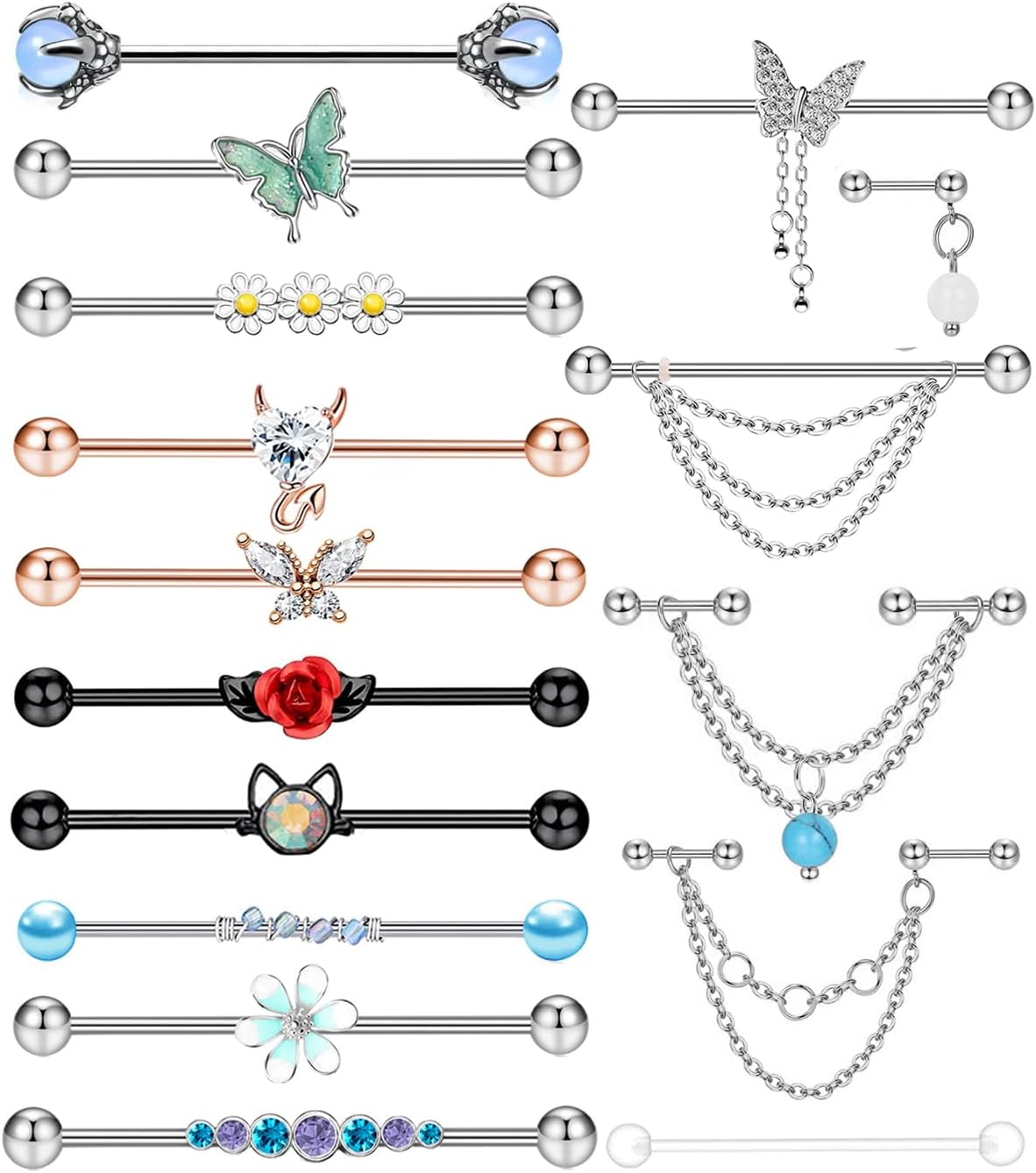 9 - 16pcs 14G Industrial Piercing Stainless Steel Industrial Earrings Barbell with Chain Dangle - QIAO CrystalQIAO CrystalQIAO Crystal