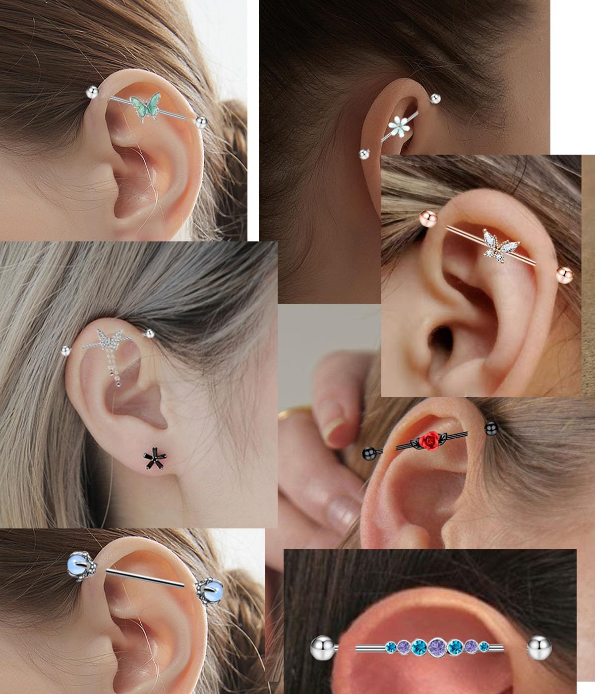 9 - 16pcs 14G Industrial Piercing Stainless Steel Industrial Earrings Barbell with Chain Dangle - QIAO CrystalQIAO CrystalQIAO Crystal