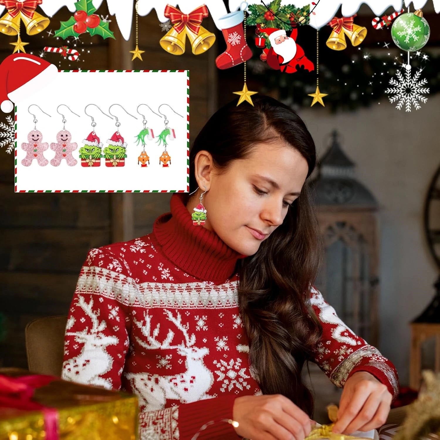 Woman wearing cute cat and snowflake Christmas earrings, showing how they look on for parties, work, or casual festive occasions.