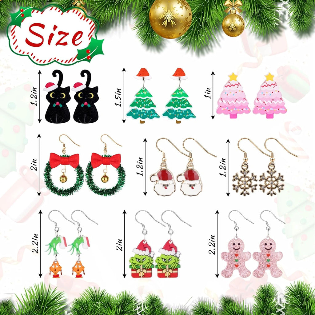 Full set of 9 different Christmas earring pairs laid out to show relative sizes, from small snowflakes to statement Santa and Christmas tree designs.