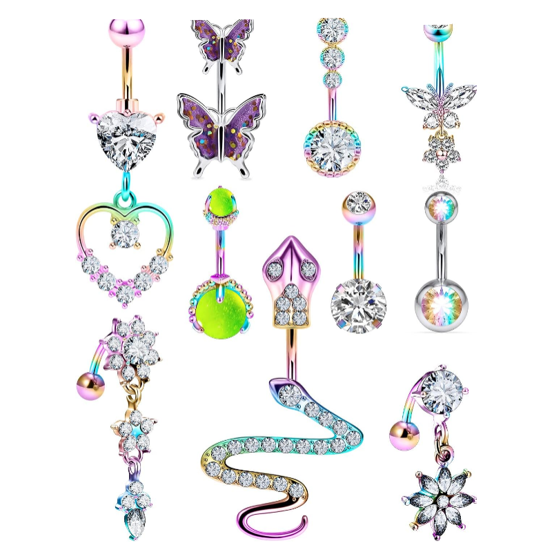 14G Belly Button Ring Stainless steel Dangle Belly rings Snake Glow Dark Round Cubic Zirconi