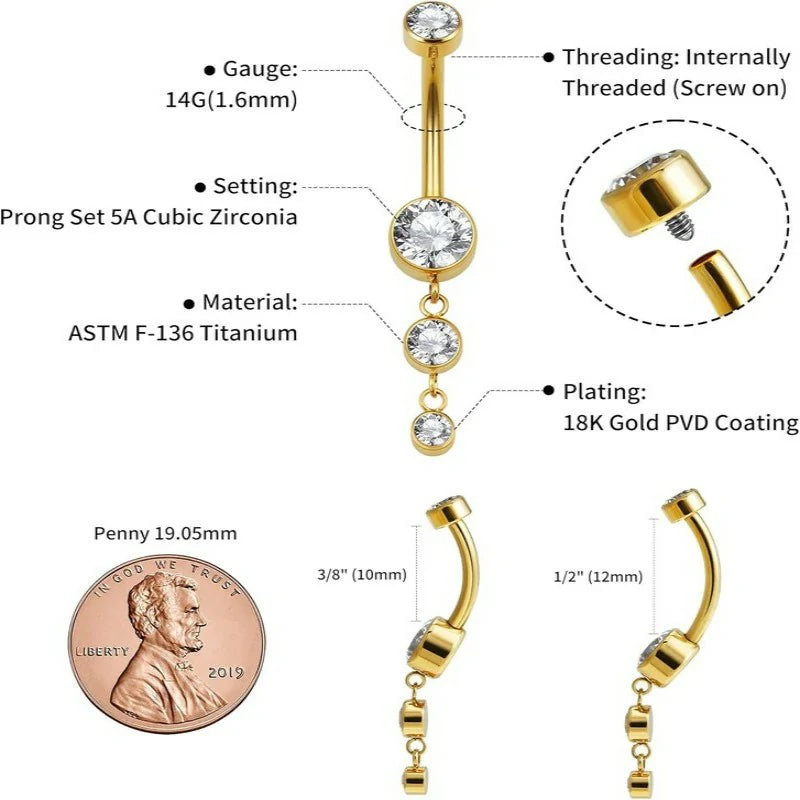 Dangle Belly Button Rings 14G 10mm 12mm - ASTM F136 Implant Grade Real Titanium Belly Ring