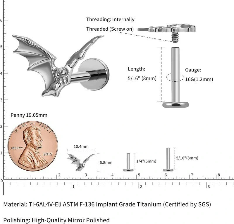1PC ASTM F136 Titanium Halloween Bat Cartilage Earring 16G 6mm 8mm Flat back Stud
