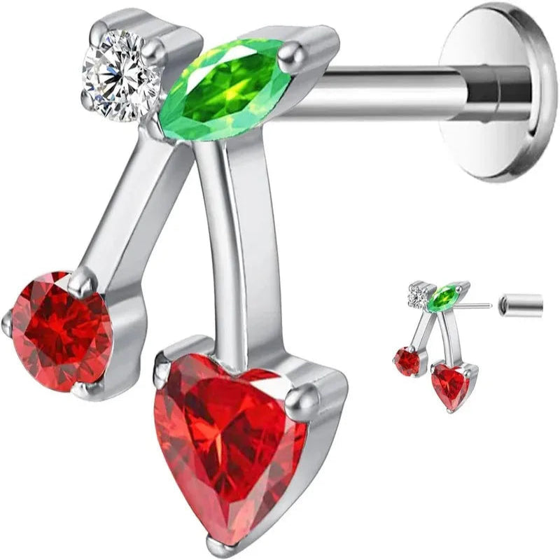 ASTM F136 Titanium 16G Push in Flatback Stud Heart Cherry Nose Lip Ring Stud Hypoallergenic Nickel Free Cartilage Earring
