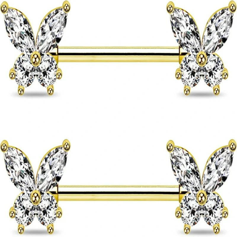 Butterfly 14G Nipple Piercing Jewelry Gold Nipple Ring Surgical Steel Nipple Shield CZ Nipple Barbell Body Piercing
