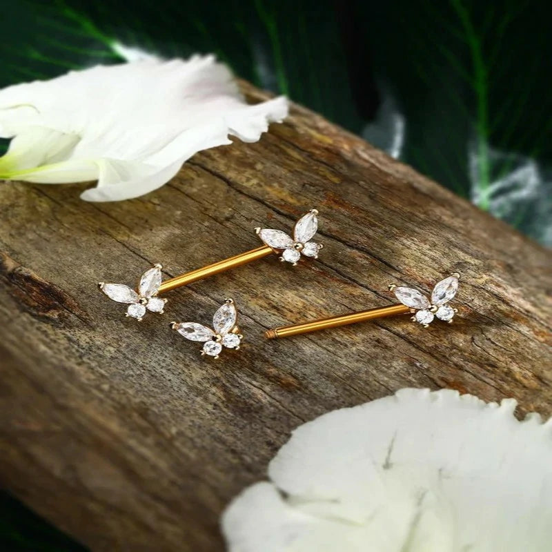 Butterfly 14G Nipple Piercing Jewelry Gold Nipple Ring Surgical Steel Nipple Shield CZ Nipple Barbell Body Piercing
