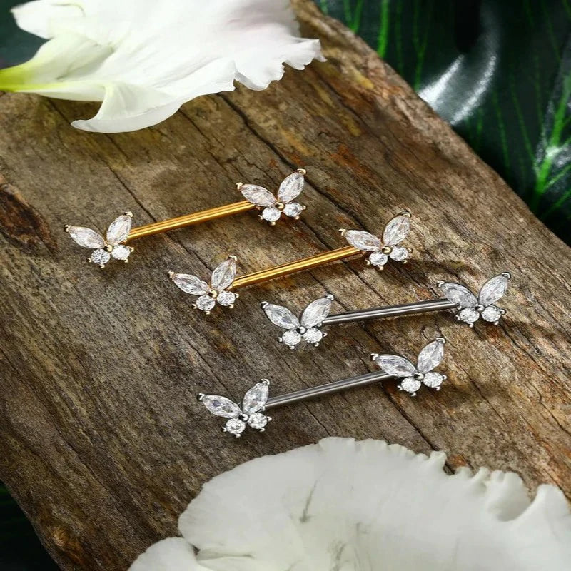 Butterfly 14G Nipple Piercing Jewelry Gold Nipple Ring Surgical Steel Nipple Shield CZ Nipple Barbell Body Piercing