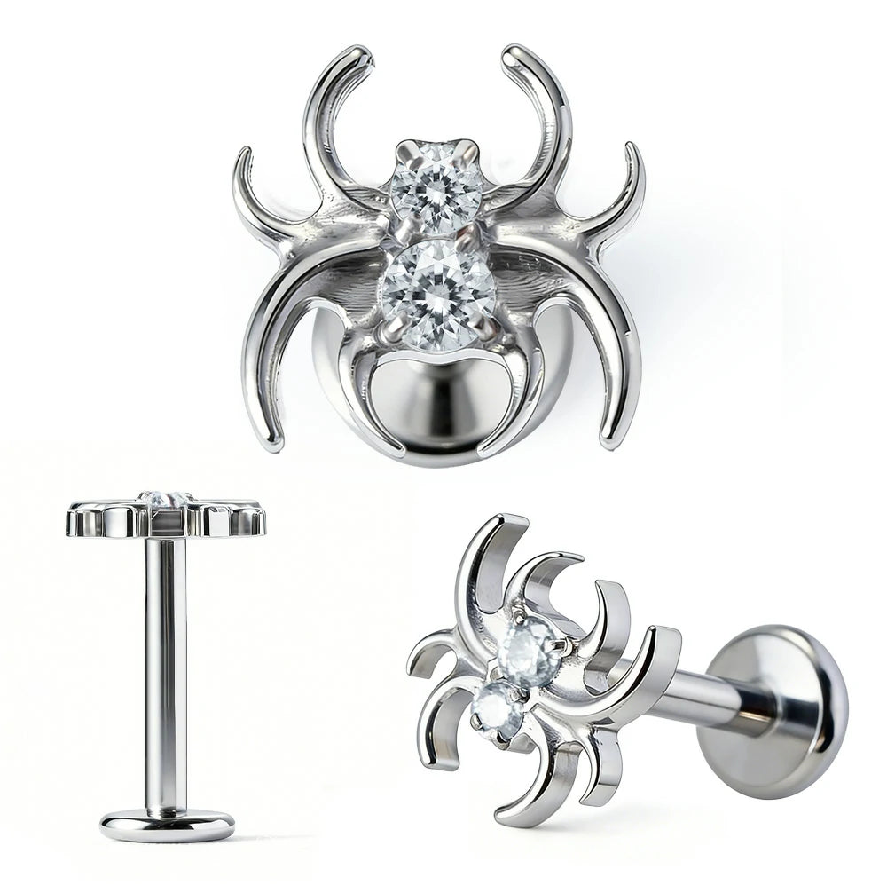 Crystal Spider Labret Monroe Lip Rings 16G Stainless Steel Rhinestone Spider Flat Back Earrings Conch Helix Tragus Studs