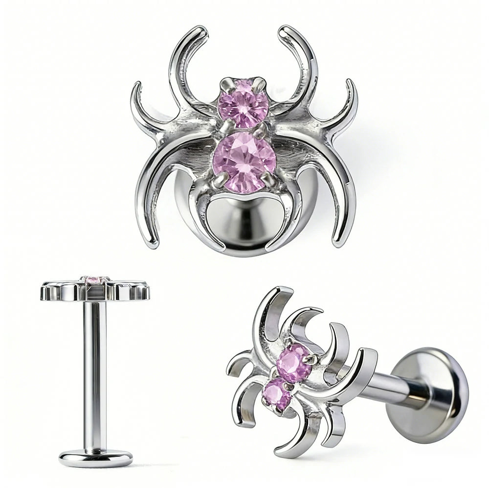 Crystal Spider Labret Monroe Lip Rings 16G Stainless Steel Rhinestone Spider Flat Back Earrings Conch Helix Tragus Studs