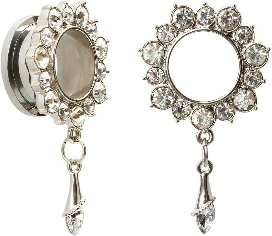 Gemmed Flower Drop Eyelets Gold Plated Stainless Steel Flare Screw Back Ear