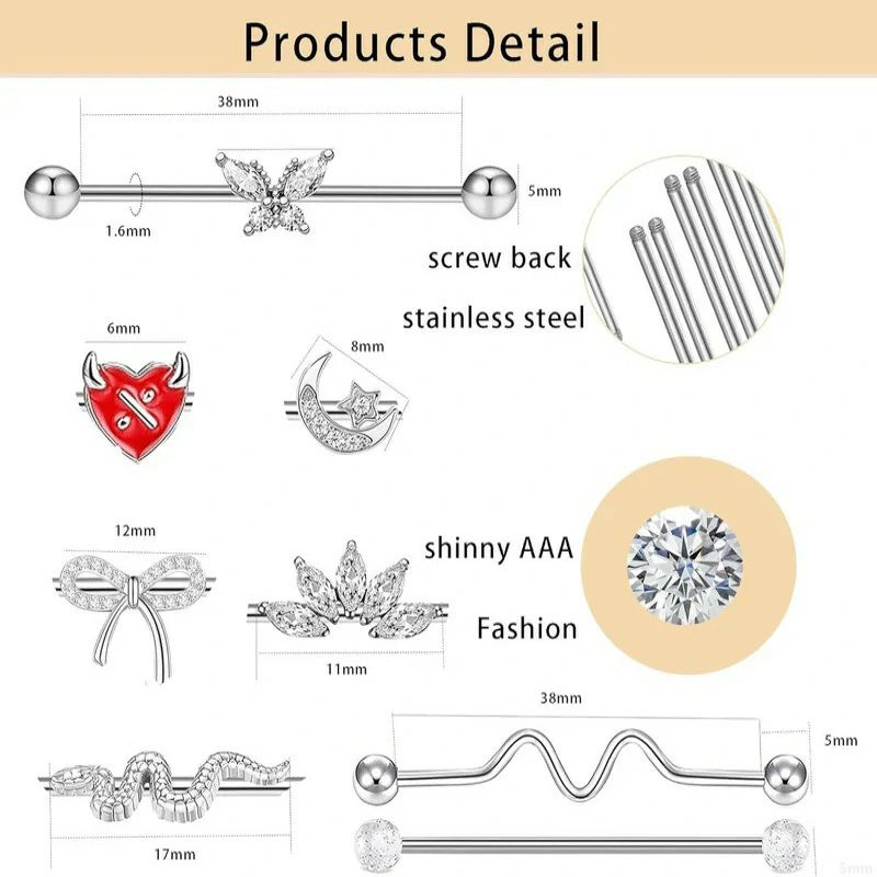 Industrial Barbell Earrings 14g Surgical Stainless Steel Scaffold Piercings Arrow Butterfly heart cute Industrial Bar