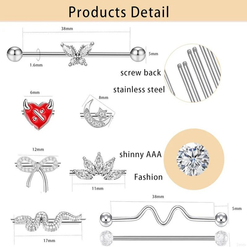 Industrial Barbell Earrings 14g Surgical Stainless Steel Scaffold Piercings Arrow Butterfly heart cute Industrial Bar