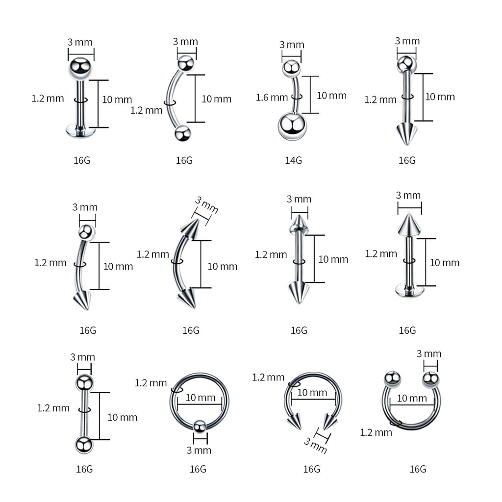 84PCS Body Septum Piercing Kit 14G 16G Tools for Nose Tongue Lip Ear Eyebrow Belly Button Cartilage Tragus Industrial Barbell Helix Daith Piercing Jewelry Clamps